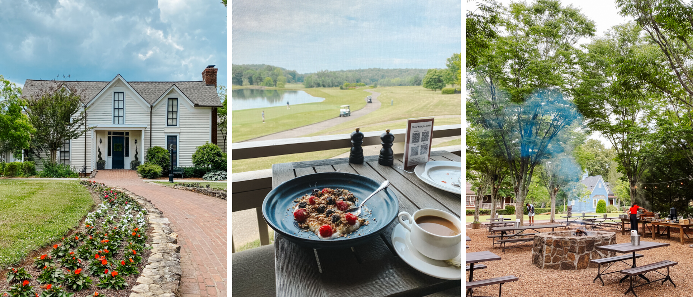 Barnsley Resort by popular Memphis travel blog, Lone Star Looking Glass: collage image of a white building with black frame windows and a black front door, image of a bowl of oatmeal in a blue ceramic bowl next to a white ceramic mug filled with coffee, and a picnic area with black picnic tables under tall trees. 