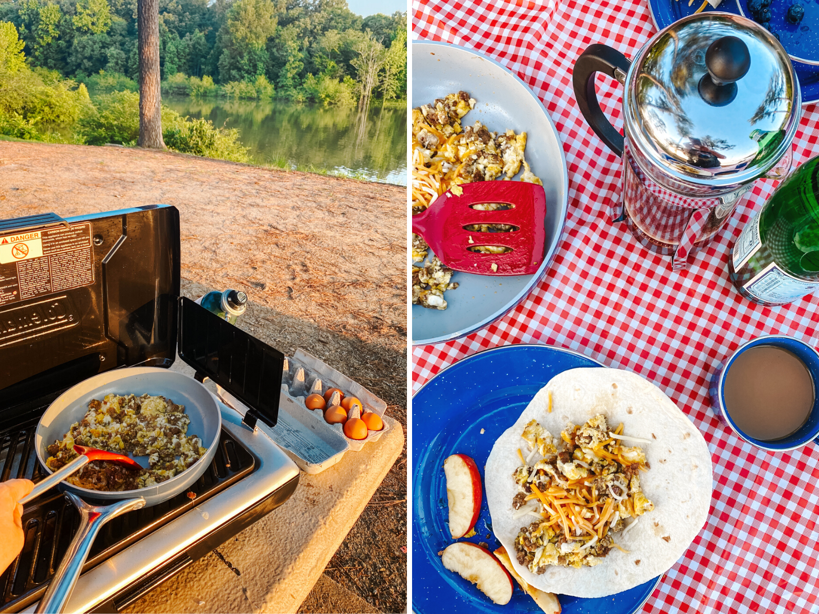 Camping With Kids by popular Memphis lifestyle blog, Lone Star Looking Glass: collage image of a man cooking food on a Coleman camping stove and a table set with blue metal dishes, coffee, apple slices, and breakfast burritos. 