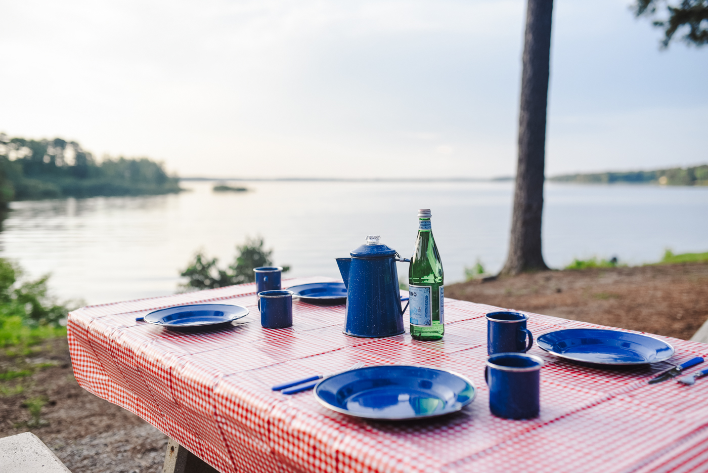 Camping With Kids by popular Memphis lifestyle blog, Lone Star Looking Glass: image of a picnic table covered in a red and white checker tablecloth and set with blue metal dishwater and a bottle of sparkling water. 