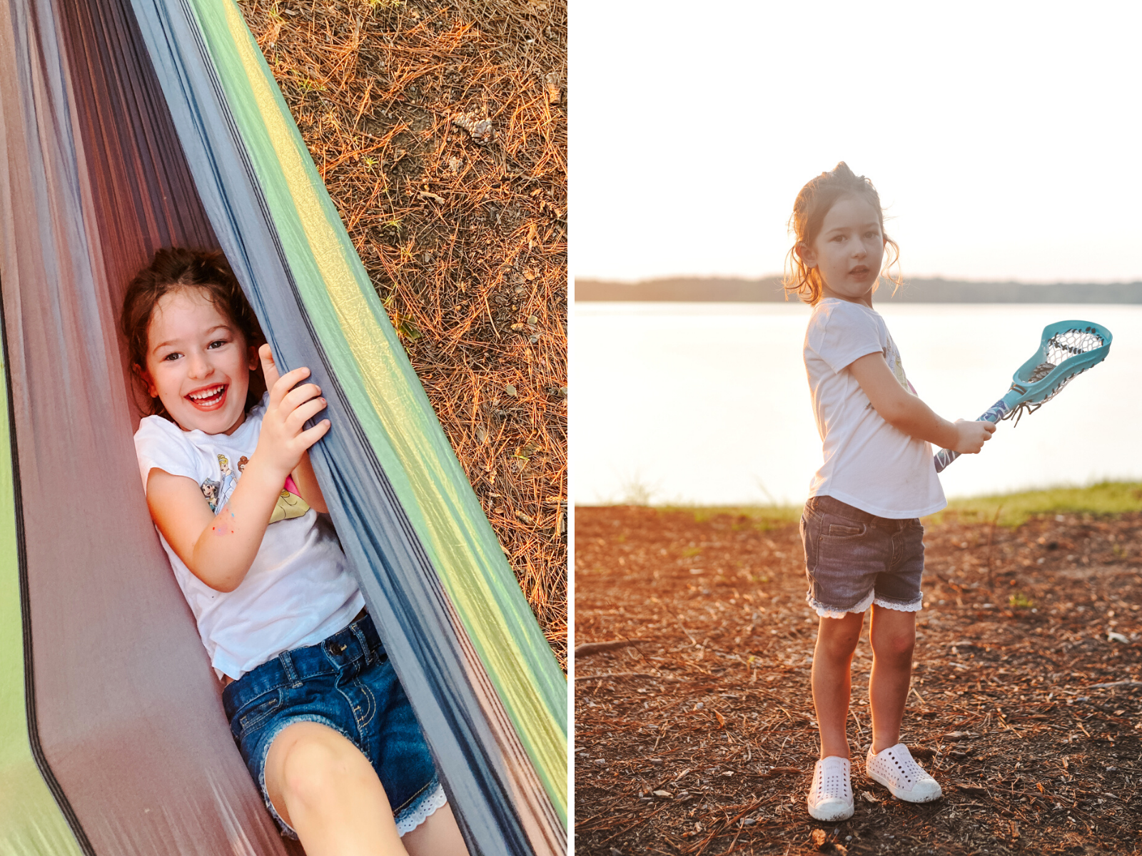 Camping With Kids by popular Memphis lifestyle blog, Lone Star Looking Glass: collage image of a young girl sitting in a hammock and playing with a lacrosse stick. 