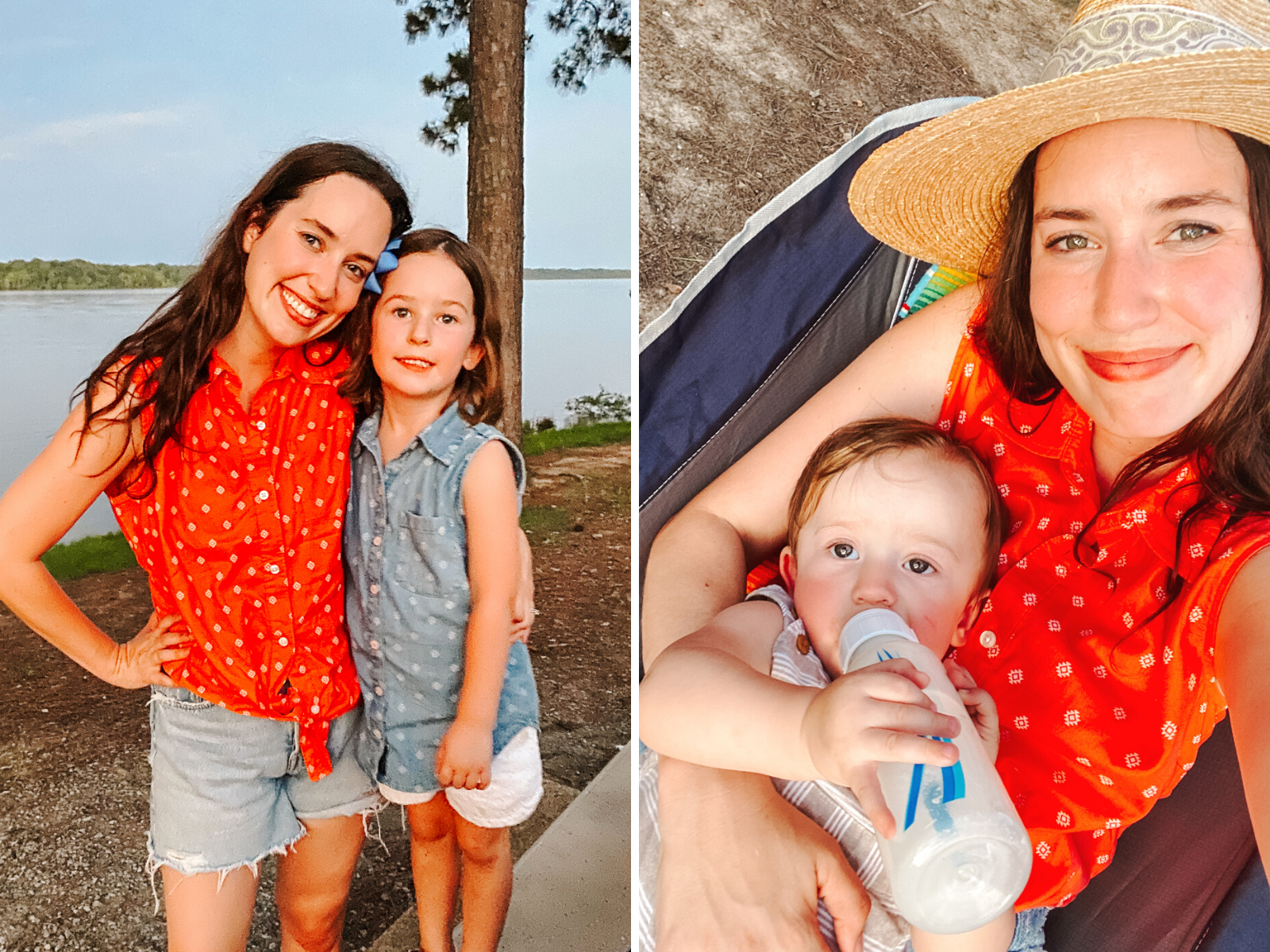 Camping With Kids by popular Memphis lifestyle blog, Lone Star Looking Glass: collage image of a mom standing next to her daughter and holding her young son in a camping chair while feeing him a bottle.  