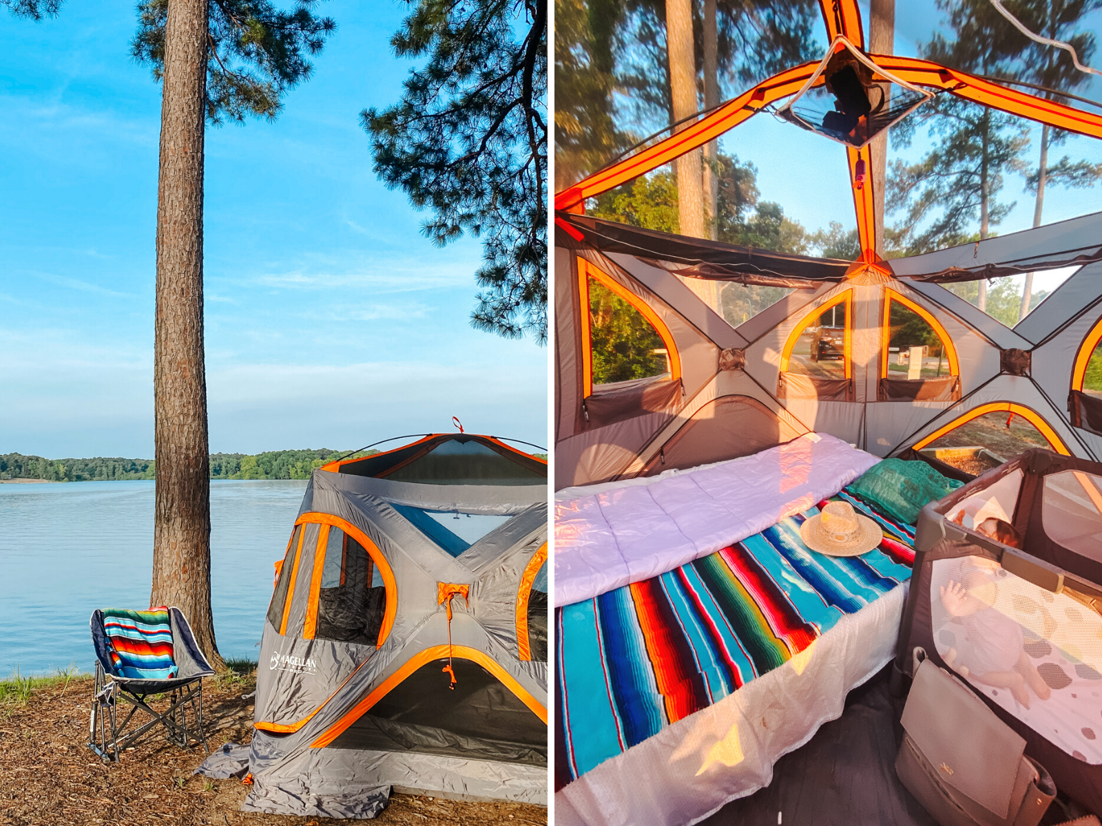 Camping With Kids by popular Memphis lifestyle blog, Lone Star Looking Glass: collage image of a Magellan tent next to a camping chair and a air mattress and portable crib set up inside a Magellan tent.  