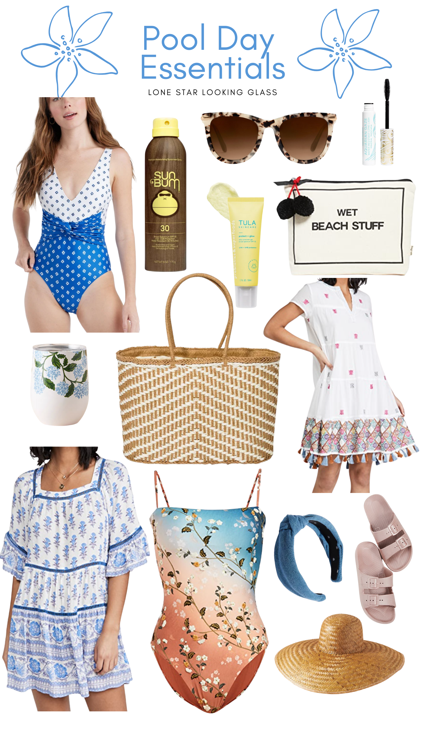 Pool Essentials by popular Memphis life and style blog, Lone Star Looking Glass: collage image of a blue and white polka dot one piece swimsuit, SunBum spray on sun screen, tortoise shell sunglasses, Wet Beach stuff bag, waterproof mascara, blue and orange ombre floral print swimsuit, chambray knot headband, pink Birkenstock sandals, straw sunhat, blue and white coverup dress, white, blue and red geometric print coverup dress, and woven tote bag. 