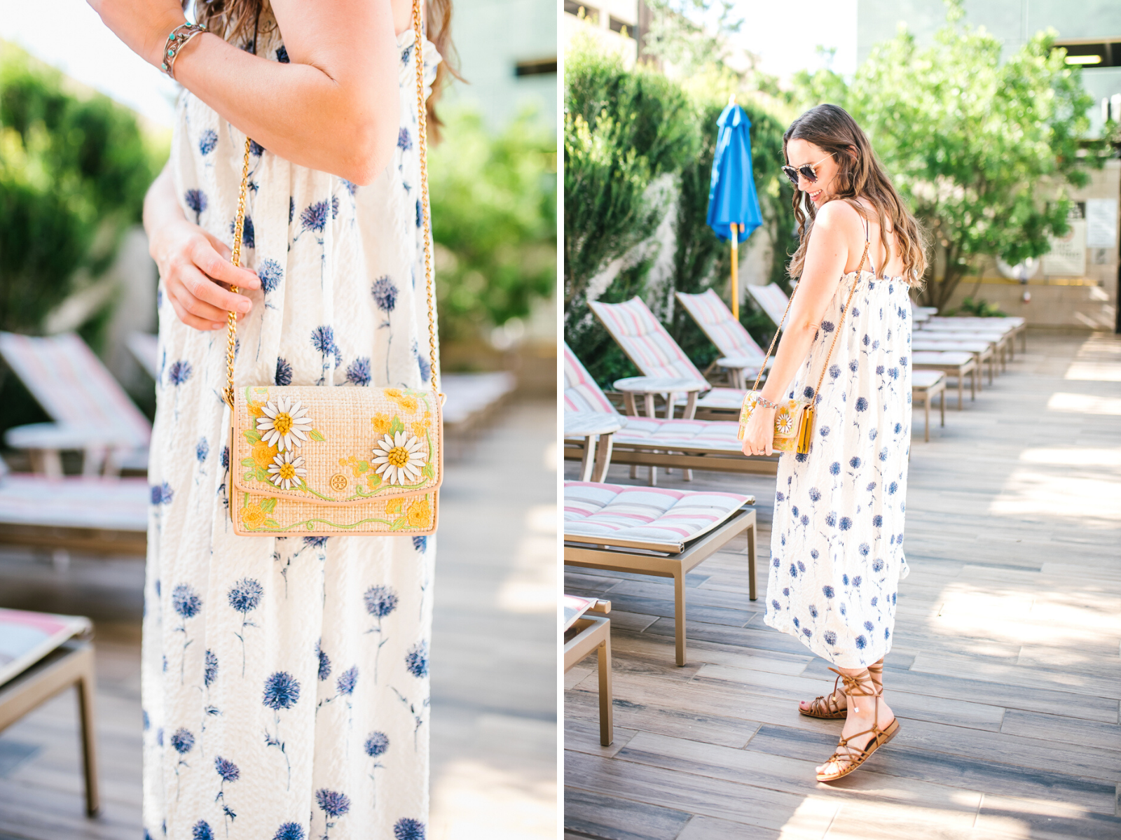 Blue Floral Sundress by popular Memphis fashion blog, Lone Star Looking Glass: collage image of a woman wearing a blue floral sundress with tortoise shell frame sunglasses and brown gladiator sandals. 