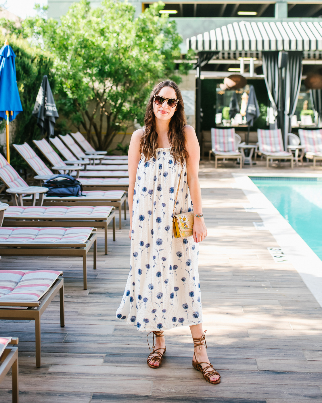Blue Floral Sundress by popular Memphis fashion blog, Lone Star Looking Glass: image of a woman wearing a blue floral sundress with tortoise shell frame sunglasses and brown gladiator sandals. 