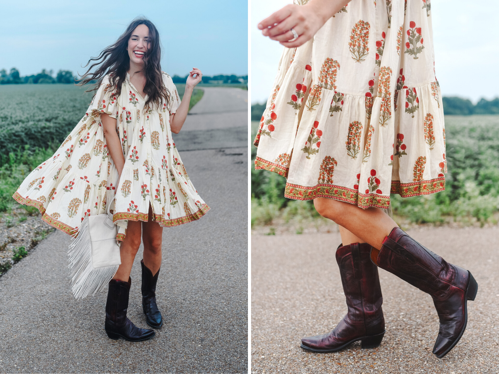 Babydoll Dress by popular Memphis fashion blog, Lone Star Looking Glass: collage image of a woman standing in a road and wearing a Lekah block print lopa III dress and black cherry lucchese boots.