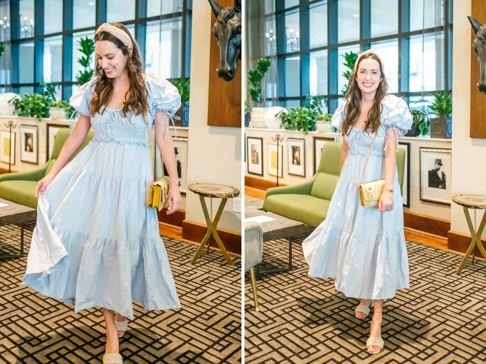 Prairie Dress by popular Memphis fashion blog, Lone Star Looking Glass: image of a woman wearing a blue puff sleeve prairie dress with a tan knot headband, and tan braided strap block heel mules. 