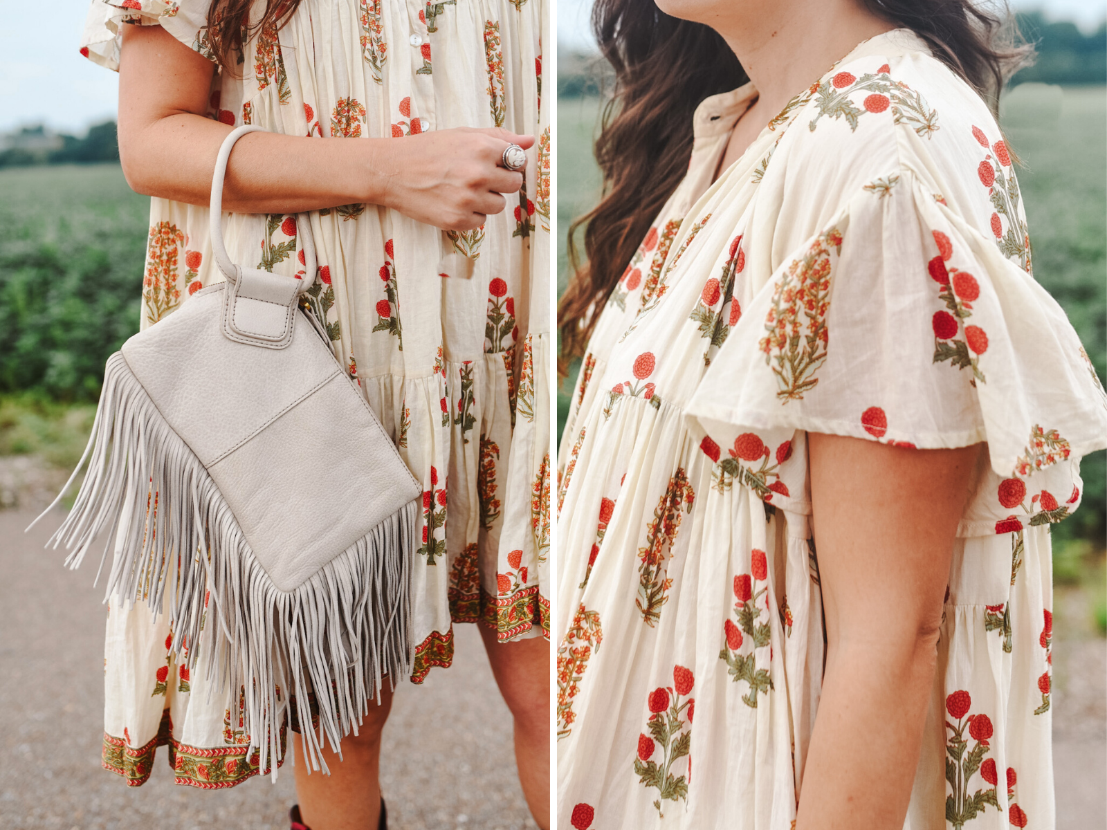 Babydoll Dress by popular Memphis fashion blog, Lone Star Looking Glass: collage image of a woman standing in a road and wearing a Lekah block print lopa III dress and black cherry lucchese boots.