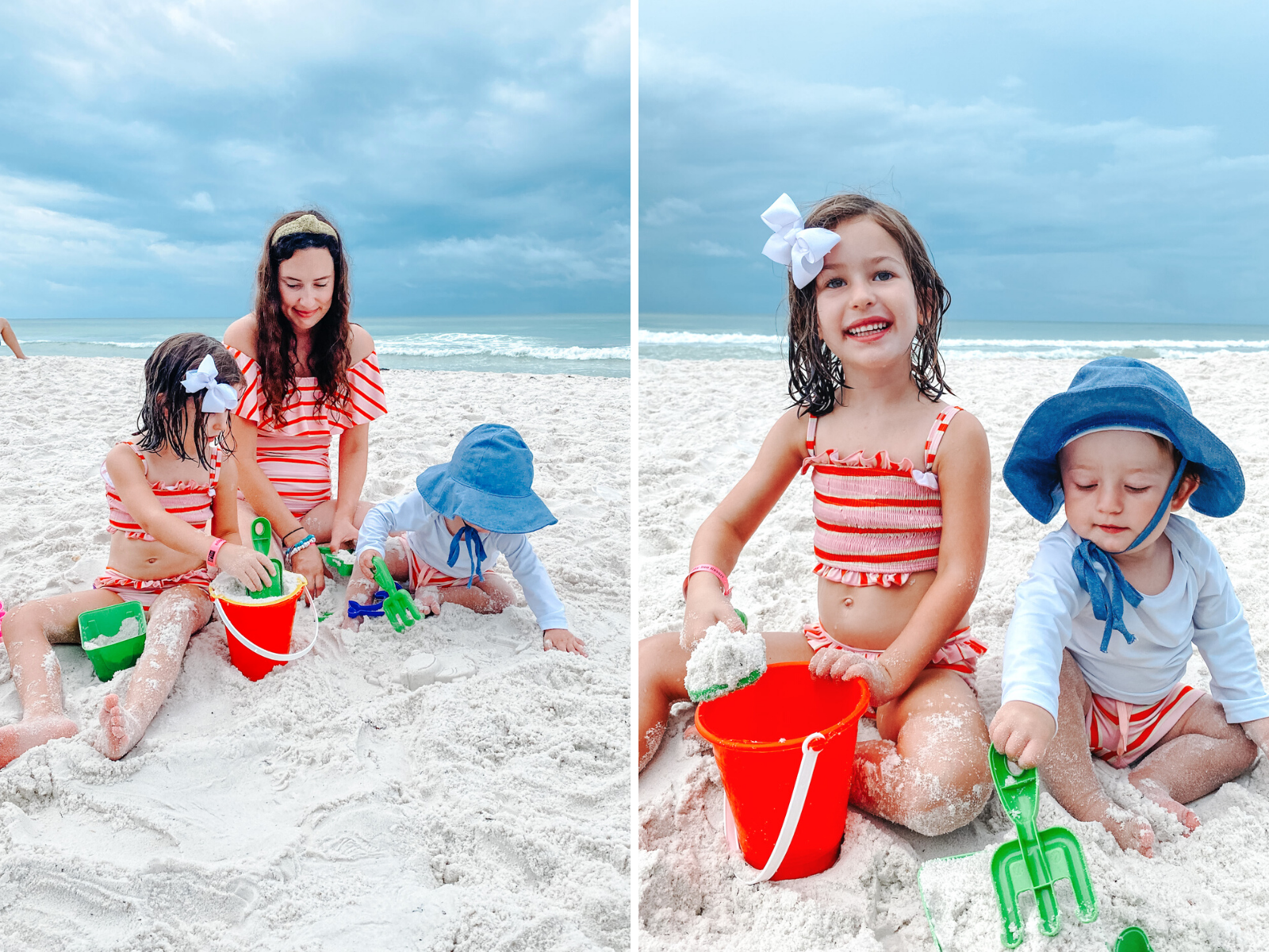 Panama City Beach Attractions by popular Memphis travel blog, Lone Star Looking Glass: collage image of a mom and her two young children playing in the sand on Panama City Beach. 