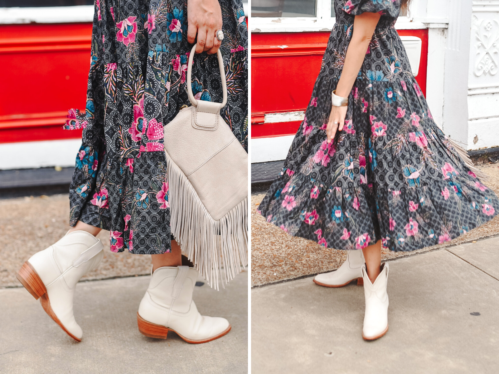 Western Boots by popular Memphis fashion blog, Lone Star Looking Glass: collage image of a woman walking outside and wearing a black and pink floral print tiered midi dress with a pair of white western boots. 