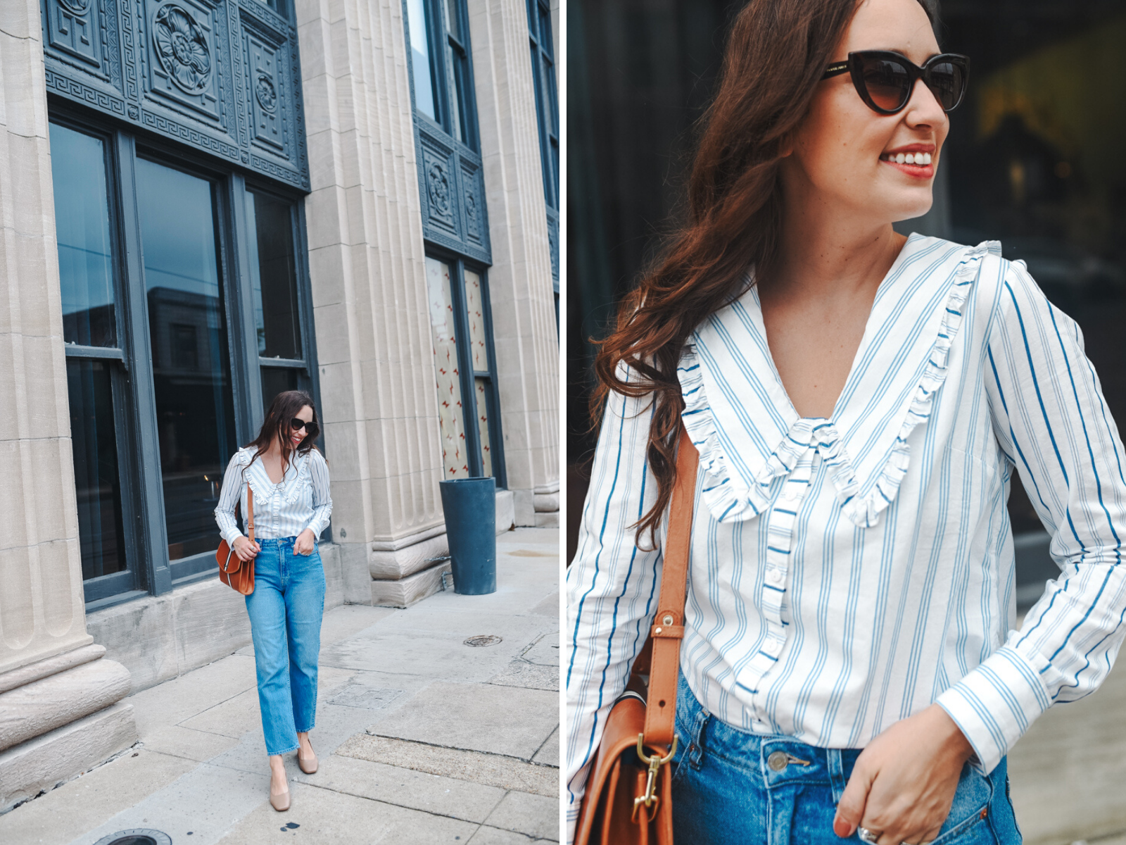 Ruffled Collar Shirts styled by top Memphis fashion blogger, Lone Star Looking Glass: image of a woman wearing an Anthropologie ruffled shirt