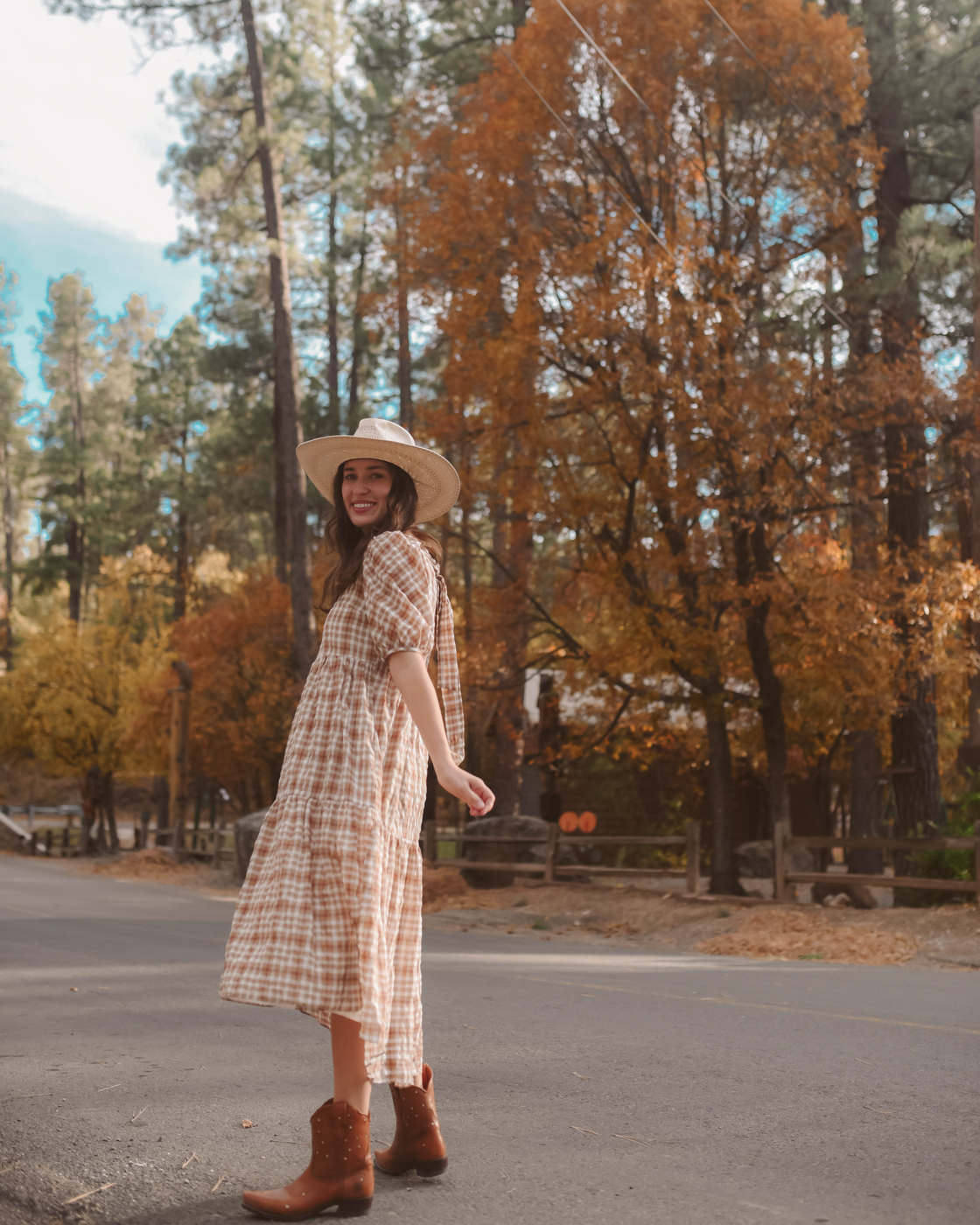 English Factory Plaid Midi Dress paired with ranch road presidio cowboy boots
