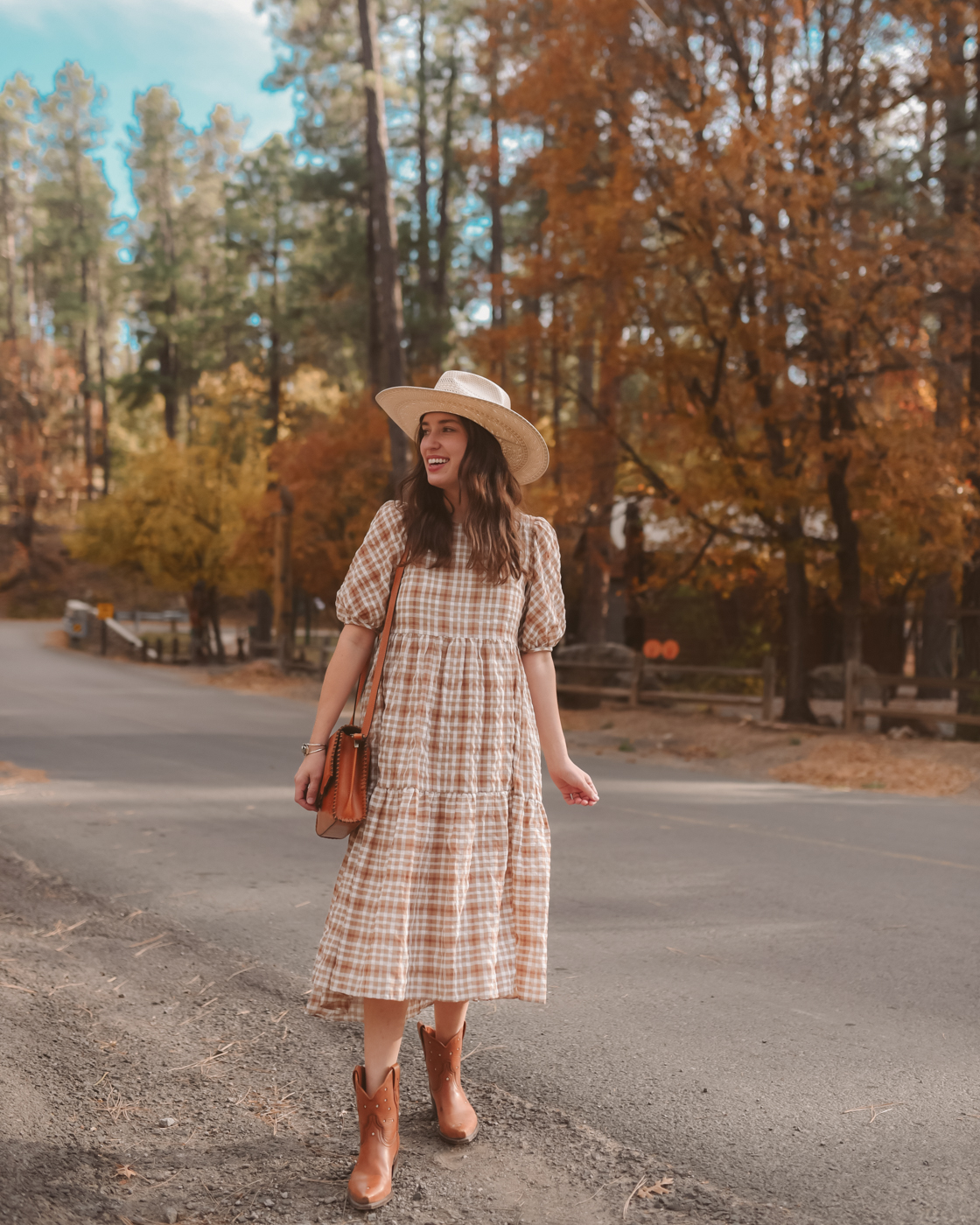English Factory Plaid Midi Dress paired with ranch road presidio cowboy boots