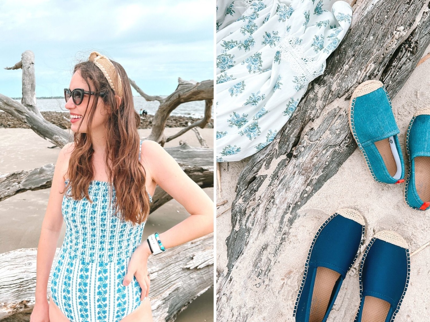 Blue and White One Piece Swimsuit + Sea Star Espadrilles.