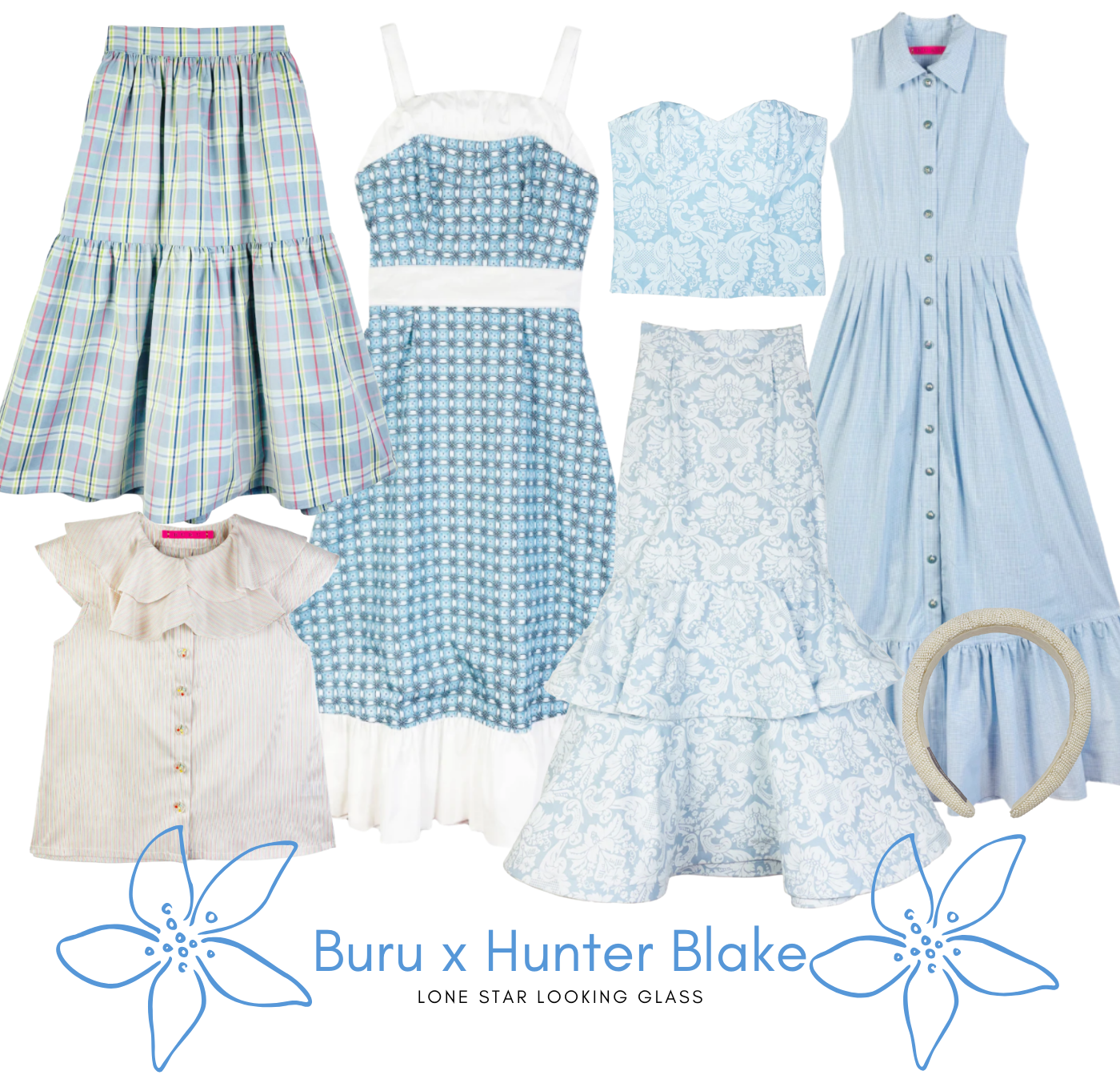 Buru x Hunter Blake Collection - blue and white dress, skirt and plaid midi skirt