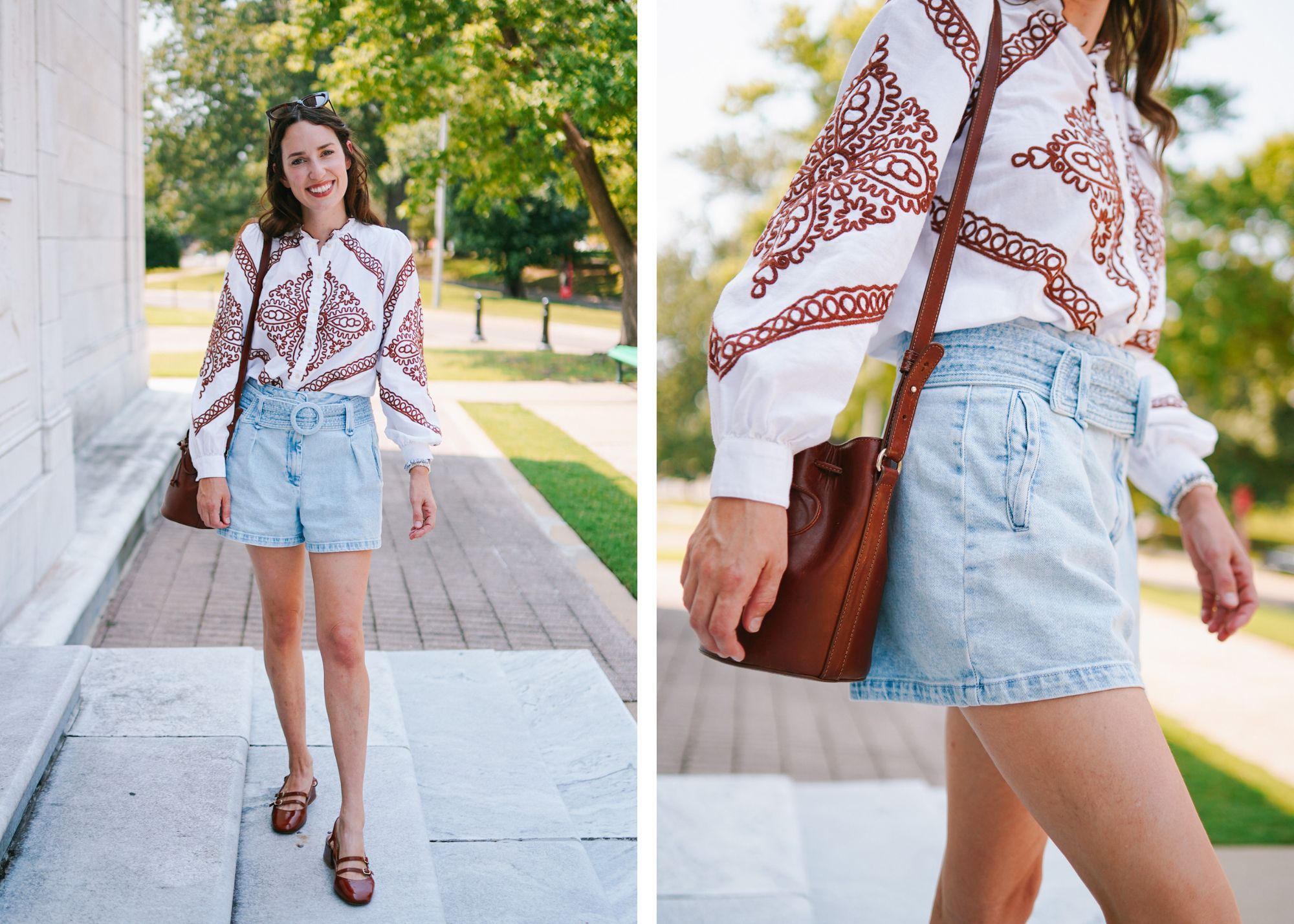 Chic Sezane Outfit: Fall 2024 Fashion with Bucket Bag, Embroidered Blouse and Denim Shorts