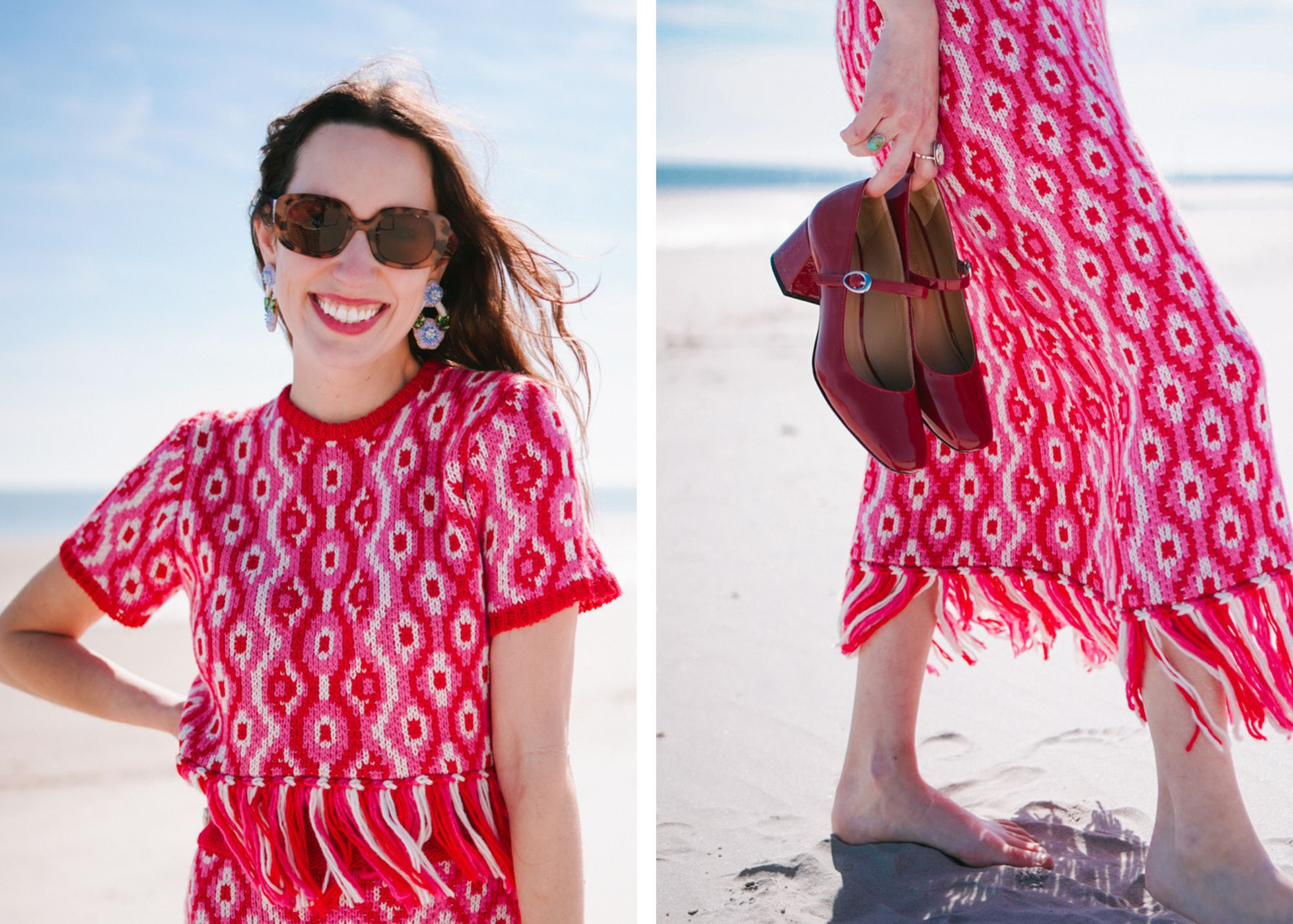 Sea Island Outfit Idea: red and pink geometric knit top and skirt set by Hyacinth House from Tuckernuck