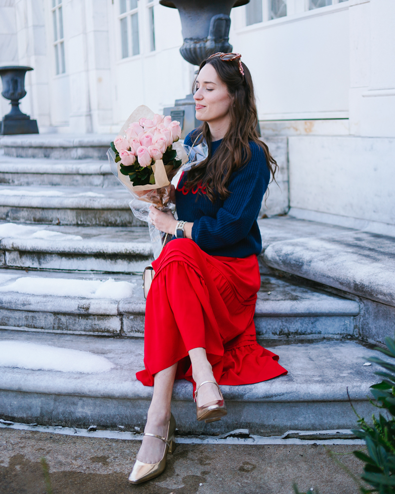 Draper James Valentines Day Outfit: Red Maxi Dress and Love Sweater