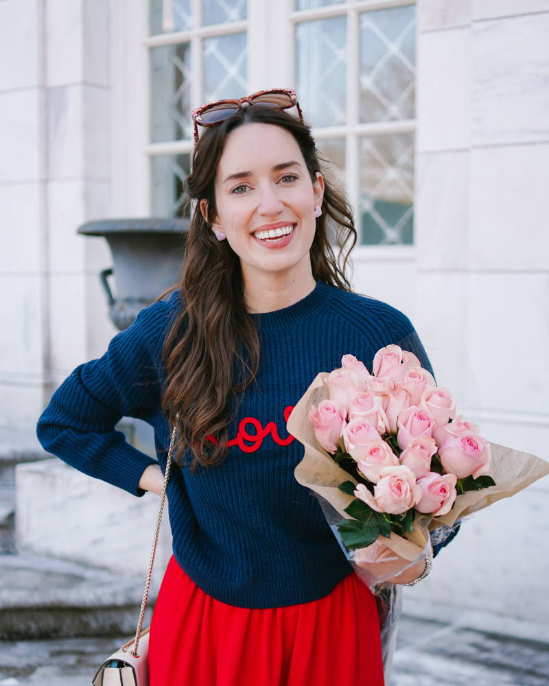 Draper James Valentines Day Outfit: Red Maxi Dress and Love Sweater