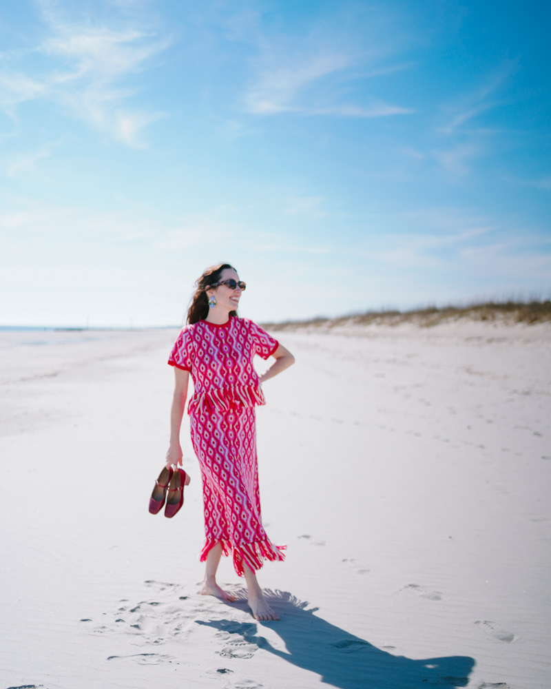 Sea Island Outfit Idea: red and pink geometric knit top and skirt set by Hyacinth House from Tuckernuck