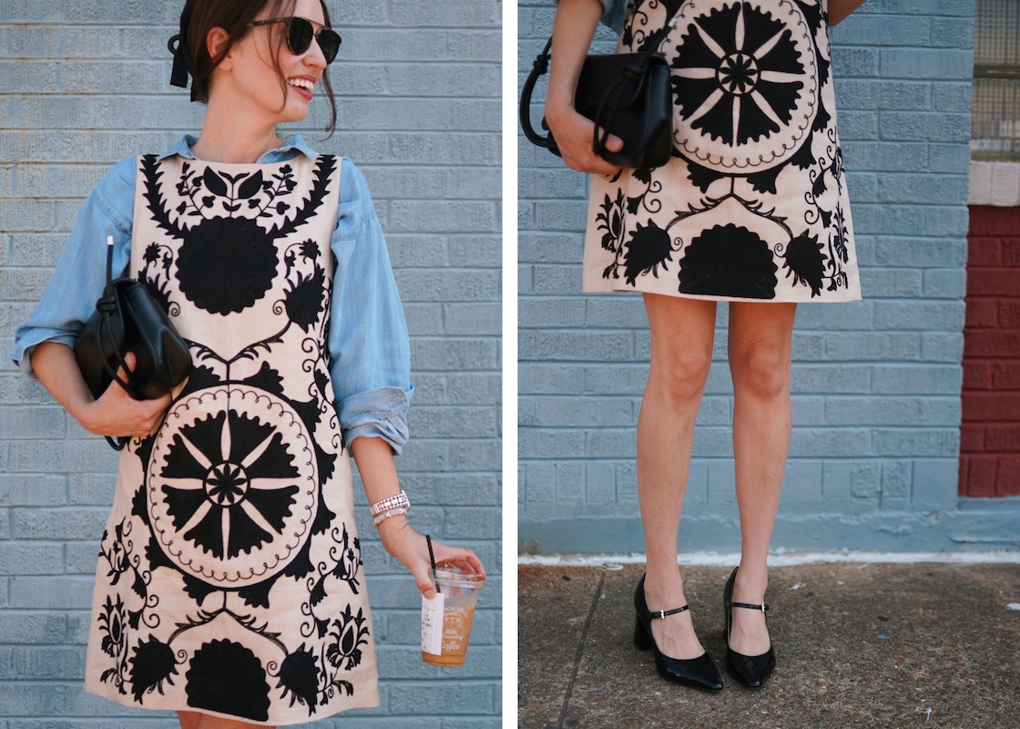 Dillards Black and Cream Embroidered Mini Dress. Layering a mini dress with a chambray button down.