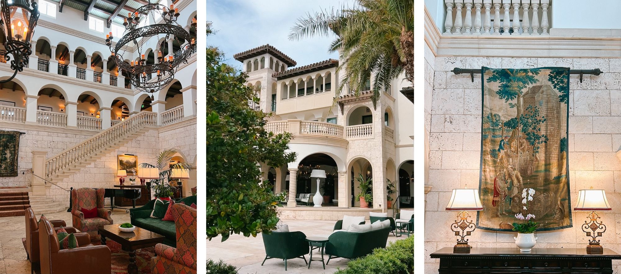 The Cloister at Sea Island Lobby, architecture and tapestries